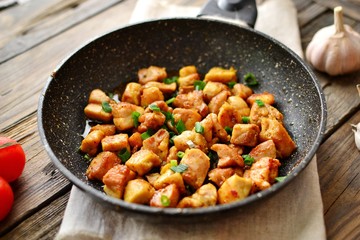 Chicken meat in a pan. Sliced ​​ chicken breast fried in a pan, wooden background.