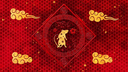 Red Chinese New Year background with gold, rat, fireworks, glittering stars 3D rendering . Magical Happy new year animation.