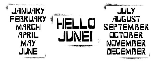 Set of Monthes stencil lettering in frames. Hello January, February, March, April, May, June, July, August, September, October, November, December graffiti on white background. 