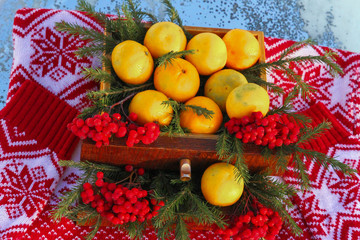 Tangerines in white wooden table, Green Spruce, Beads, Cones,