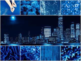 Photo collage made in blue tones with the influence of the theme of the new color of the year 2020. Image toned in Classic Blue