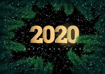 Vector text Design 2020. silver 3d numbers on the background of Christmas tree branches. Happy new year template greeting card.