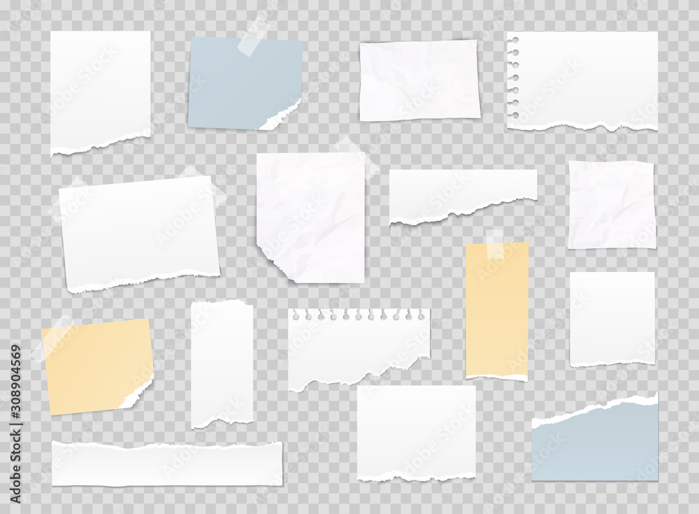 Wall mural Collection of various note papers, banner set. Different scraps of paper stuck by sticky tape. Vector illustration.