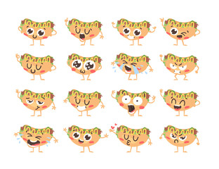 Cartoon drawing set of fast food emoji. Hand drawn emotional meal.Actual Vector illustration american cuisine. Creative ink art work hot dog