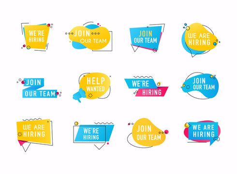 We're hiring banners. We are hiring communication poster, help wanted advertising banner with speaker and vacant badge. Job Vacancy Card Design.