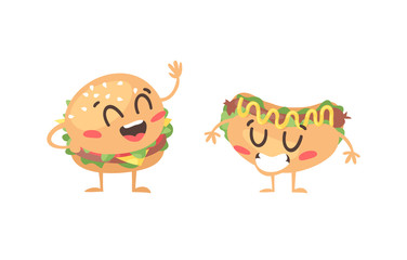 Cartoon drawing set of fast food emoji. Hand drawn emotional meal.Actual Vector illustration american cuisine. Creative ink art work burger and hot dog