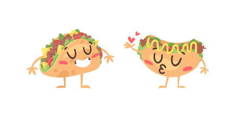 Cartoon drawing set of fast food emoji. Hand drawn emotional meal.Actual Vector illustration american and mexican cuisine. Creative ink art work tacos and hot dog