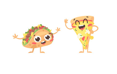Cartoon drawing set of fast food emoji. Hand drawn emotional meal.Actual Vector illustration mexican and italian cuisine. Creative ink art work pizza and tacos