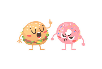 Cartoon drawing set of fast food emoji. Hand drawn emotional meal.Actual Vector illustration american cuisine. Creative ink art work burger and donut