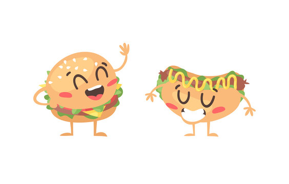 Cartoon drawing set of fast food emoji. Hand drawn emotional meal.Actual Vector illustration american cuisine. Creative ink art work burger and hot dog