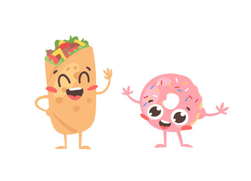 Cartoon drawing set of fast food emoji. Hand drawn emotional meal.Actual Vector illustration mexican and americancuisine. Creative ink art work  burrito and donut
