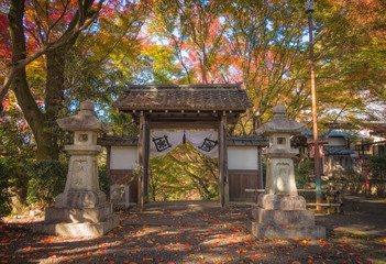 京都、松ヶ崎大黒天（妙円寺）の門と境内の美しい紅葉の風景です