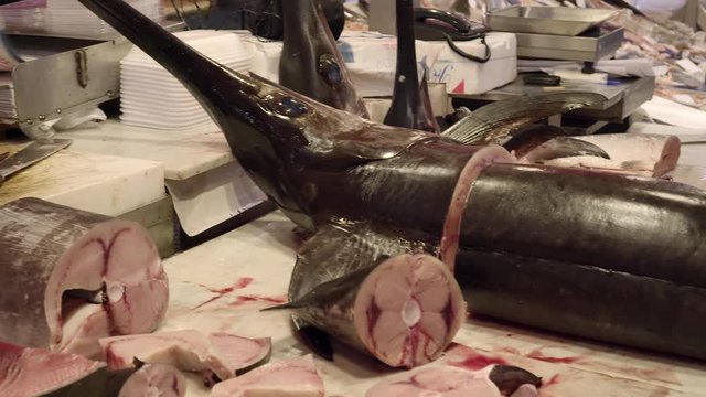 Catania Piscaria Mercato del Pesce counter, large pieces of fresh swordfish