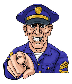 A policeman police officer looking mean and pointing at the viewer