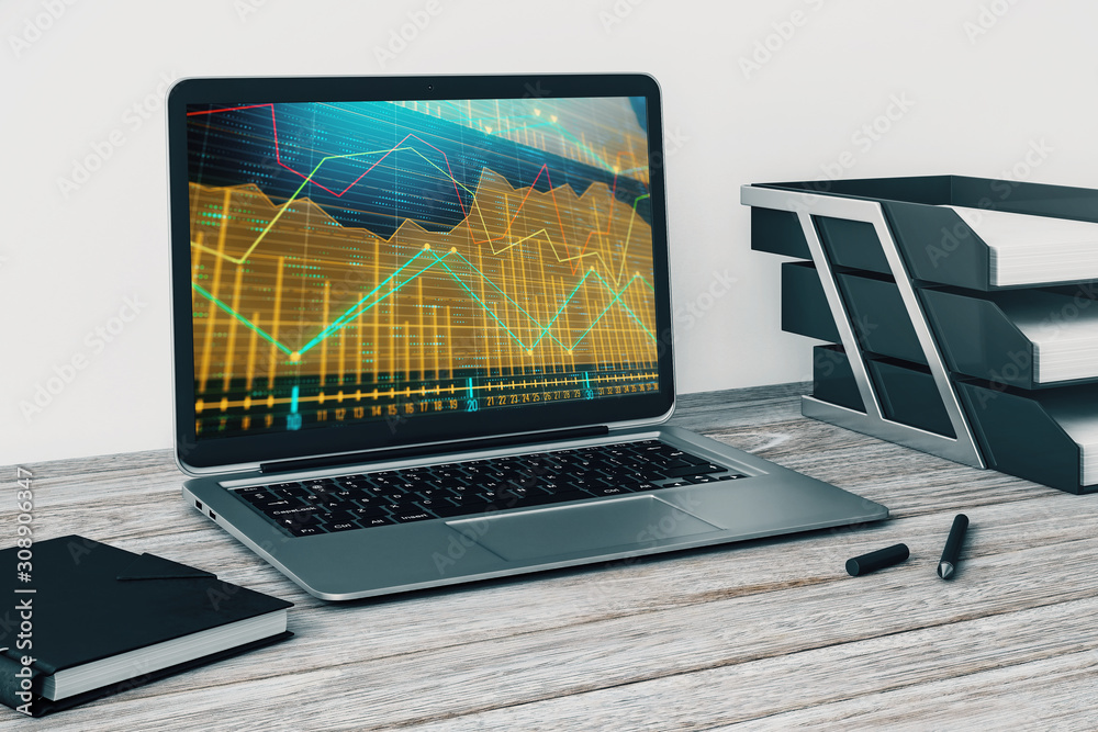 Wall mural Laptop closeup with forex graph on computer screen. Financial trading and education concept. 3d rendering.