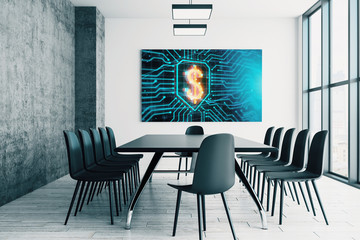 Conference room interior with business theme screen on the wall. brainstorm concept. 3d rendering.