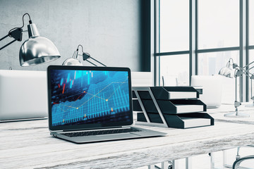 Fototapeta premium Cabinet desktop interior with financial charts and graphs on computer screen. Concept of stock market analysis and trading. 3d rendering.