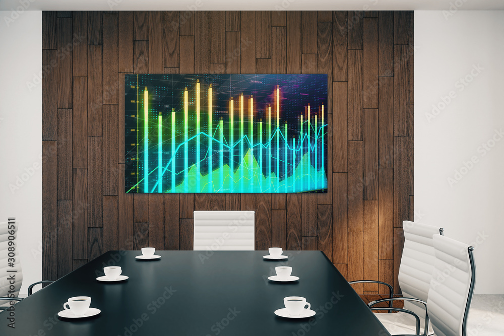 Wall mural Conference room interior with financial chart on screen monitor on the wall. Stock market analysis concept. 3d rendering.