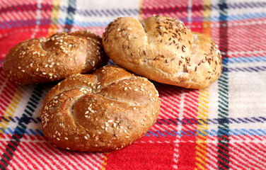 Fresh,crusty kaiser with linseed and sunflower on red picnic blanket. Concept of food.