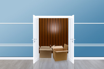 Fototapeta premium Cardboard box and open door with Blue wall room