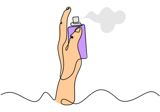 hand holding purple perfume bottle, continuous line clip art preview