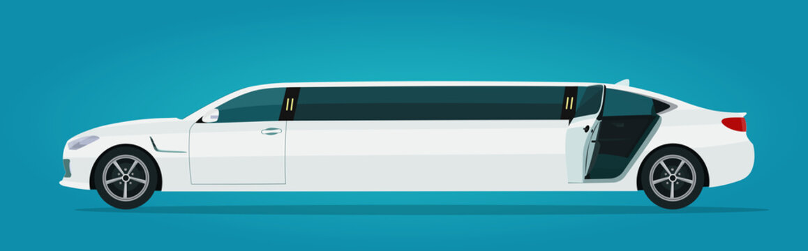 Limousine car with open back door isolated, side view. Vector flat style illustration.