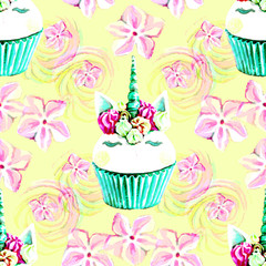 unicorn seamless pattern yellow background
