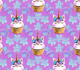 seamless pattern purple background unicorn flowers