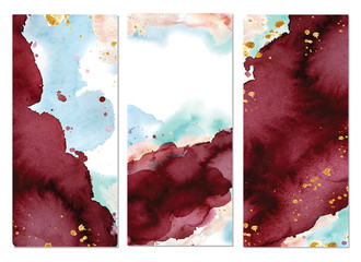 Burgundy and blue hand drawn watercolor backgrounds. Vector set