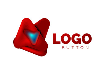 Arrow logo template. Or play or download button logotype template. Minimal geometrical design, 3d geometric bold symbol in relief style with color blend steps effect. Vector Illustration