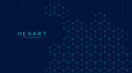 Abstract hexagonal boxes background. Molecular structure with hexagons lines and dots. Medical banner template design. Science and technology concept. Vector illustration