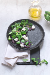Light diet lunch. Beetroot and Goat Cheese Salad with Olive Oil. Clean eating, balanced diet concept