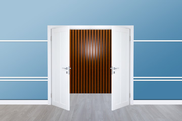 grey blue wall with opened door