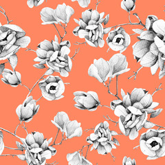 Botanical seamless pattern with Magnolia branches. Detail hand-drawn flowers. Delicate flowers. The design is suitable for textiles and interior, as well as for invitations and cards.