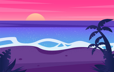 Sea and beach landscape concept. Silhouette man enjoy beauty of summer beach sunset. vector illustration 