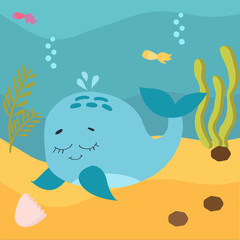 Sea life. Vector illustration. Cute blue whale . Colored Underwater world, marine animals. background is ocean nature - sand and deep blue water with sea weed