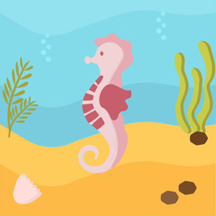 Sea life. Vector illustration. Cute seahorse . Colored Underwater world, marine animals. background is ocean nature - sand and deep blue water with sea weed
