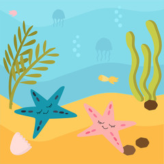 Fototapeta na wymiar Sea life. Vector illustration. Cute starfis . Colored Underwater world, marine animals. background is ocean nature - sand and deep blue water with sea weed