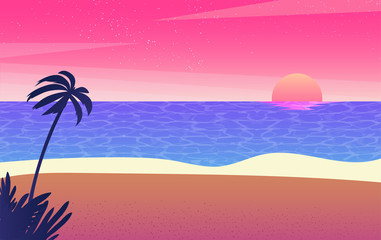 Fototapeta na wymiar Sea and beach landscape concept. Silhouette man enjoy beauty of summer beach sunset. vector illustration 