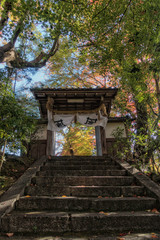 京都、松ヶ崎大黒天（妙円寺）の門と階段から見える美しい秋景色
