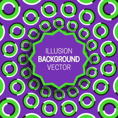 Round frame on purple green optical illusion background of moving rings shapes.