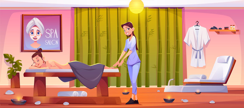 Woman in spa salon, girl lying on couch, masseur prepare making massage to client in cozy room with professional equipment, furniture and burning candles. Beauty procedure Cartoon vector illustration