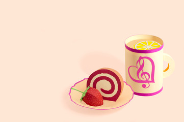 Paper roll cake with strawberry marmalade and paper mug