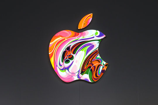 Colorful Apple logo while making creative updates on apple store facade, Hongkong - November, 2019