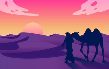 Desert sunset landscape with sand dunes concept. A silhouette man's journey with Camels through the desert. Vector illustration 