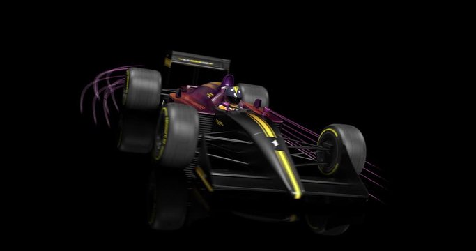 Generic Racing Car Speeding In Slow Motion On Black Background. Light Streaks Moving With Car Slowly. High Quality 4K 3D Animation