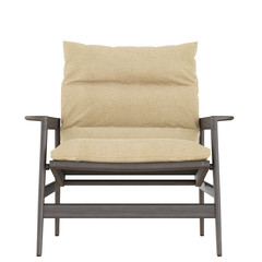 A wooden armchair with a soft seat made of fabric on a white background front view. 3d rendering