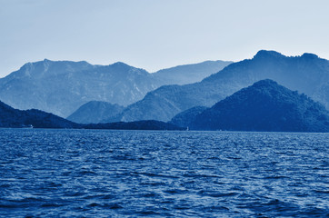 Mediterranean sea landscape view of coast. Color of the year 2020 Classic Blue. - Image