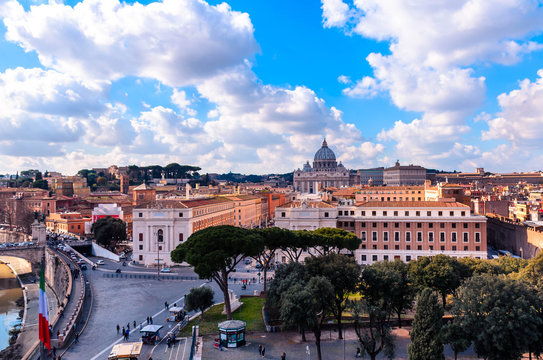 Beautiful view from Castel Sant'Angelo at Vatican city and St. Peter's Basilica.