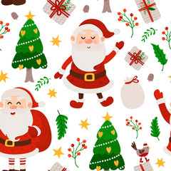 Christmas seamless pattern with Santa and Christmas tree